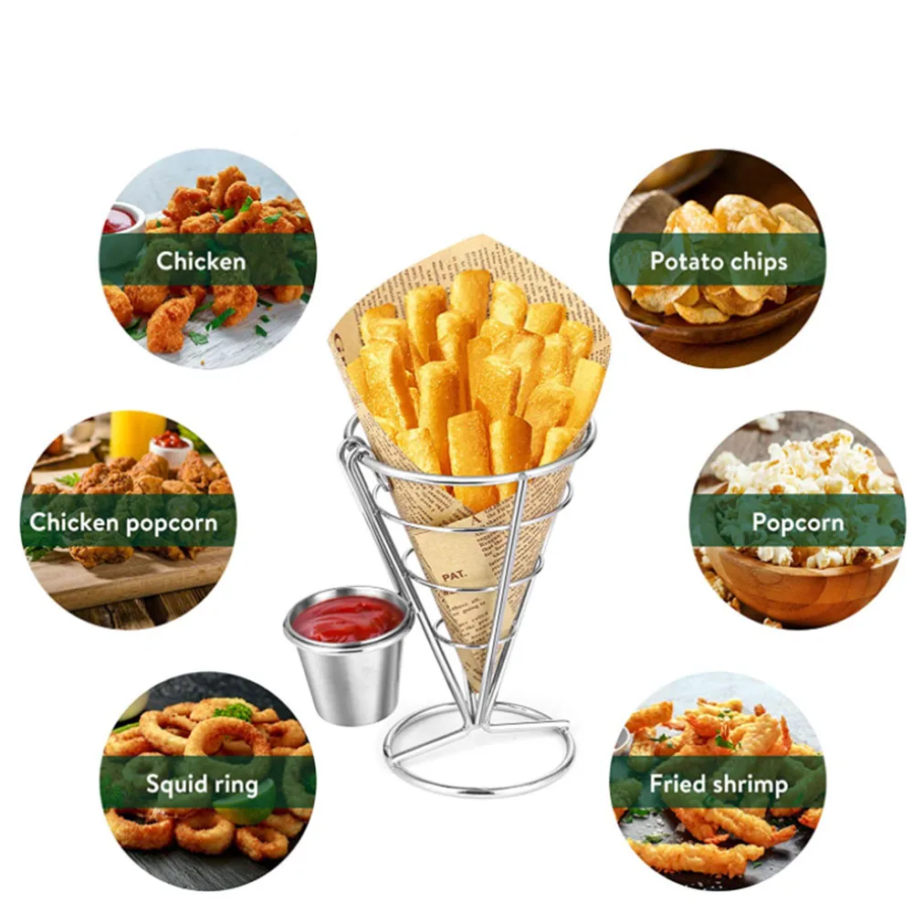 

1Set Stainless Steel French Fries Fish And Chips Appetizers Stand Cone Basket Fry Holder With Sauce Cup Kitchen Party Supplies