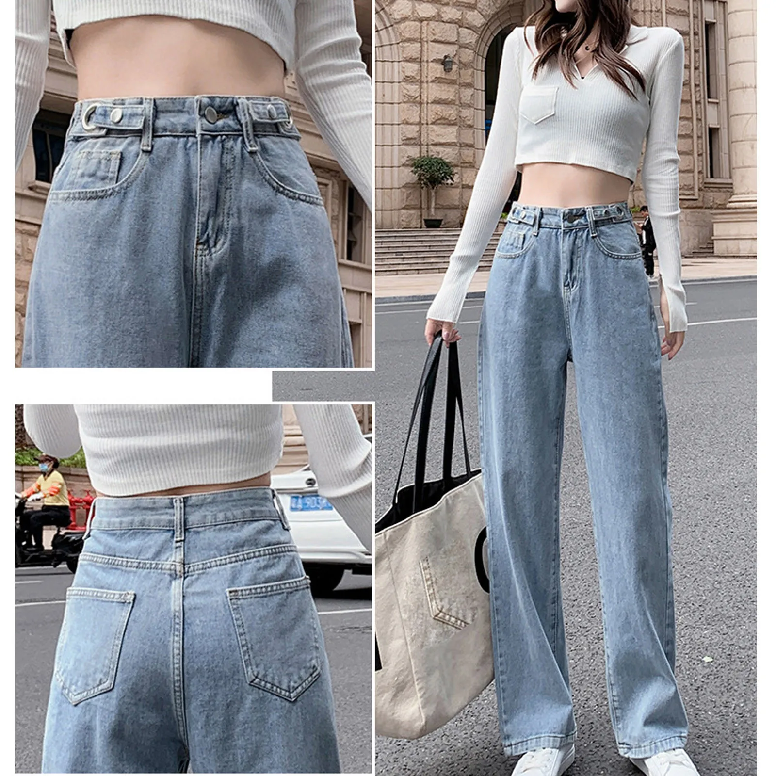 

SAGACE Women's high-rise straight-leg jeans Women's Casual Pants Hight Waist Distressed Straight Denim Jeans Vintage Trouser