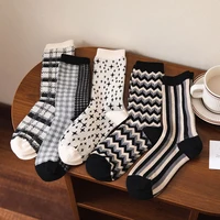 japanese harajuku style cotton knit socks women fashion stars wave checkered stripes street classic colorful black white socks