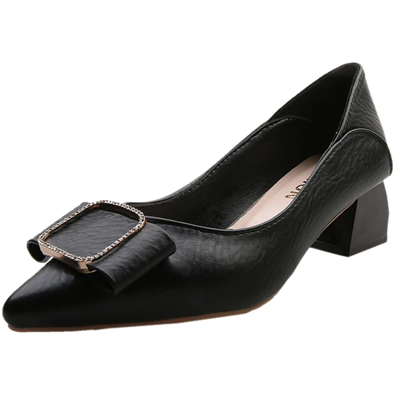 

2020Spring new black high heels Women pointed toe chunky heel sexy all-matching professional work shoes leather shoes