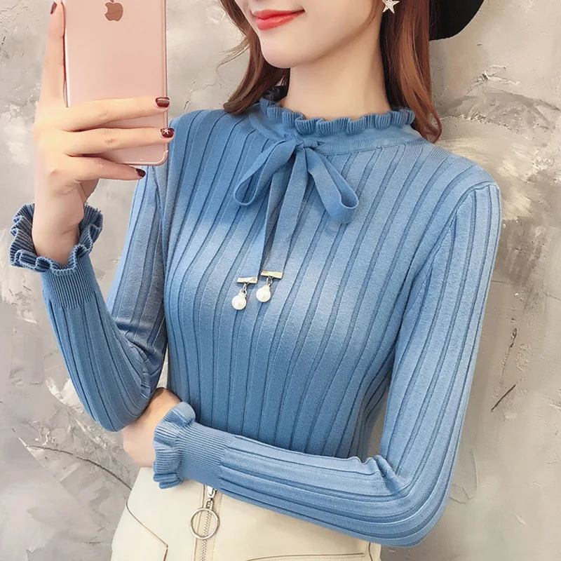 

Bowknot Ruffled Sweater Women's Pullover 2020 Autumn Winter New Turtleneck Vintage Slim Elasticity Knitted Sweater Female
