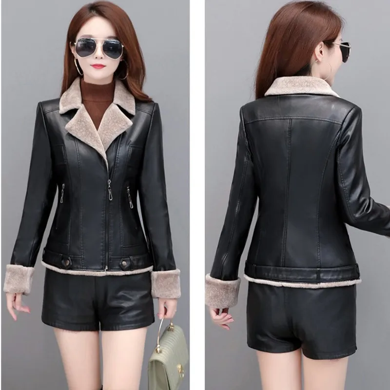 UHYTGF модная кожаная куртка для женщин Роскошные черные меховые плюс бархатные