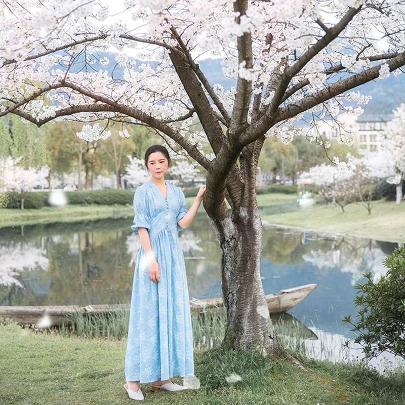 2020 Spring Autumn Women Vintage Floral Blue/Yellow Long Ladies Victorian Retro Court V-Neck Formal Casual Maxi Dress Robe | Женская