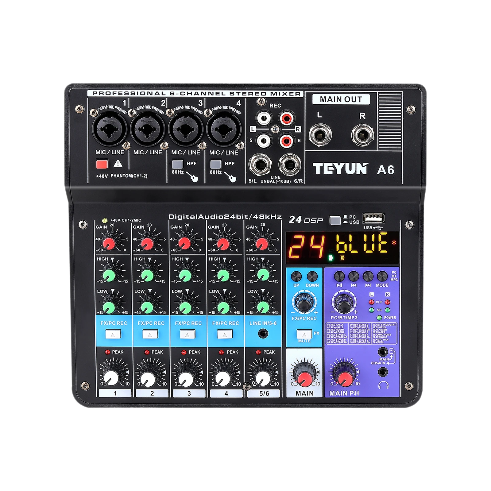 

Wireless 6-Channel Audio Mixer Portable Sound Mixing Console USB Interface Computer Input 48V Phantom Power Monitor for Input