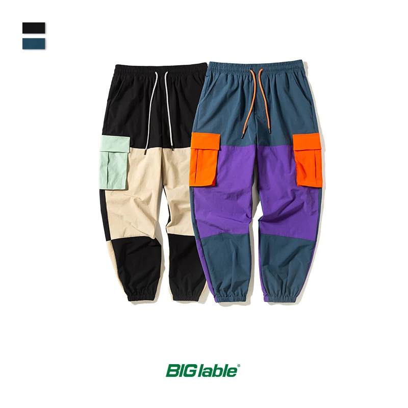Большие уличные мужские брюки 2019 Осень Зима ветровка хип хоп цвет сшивание