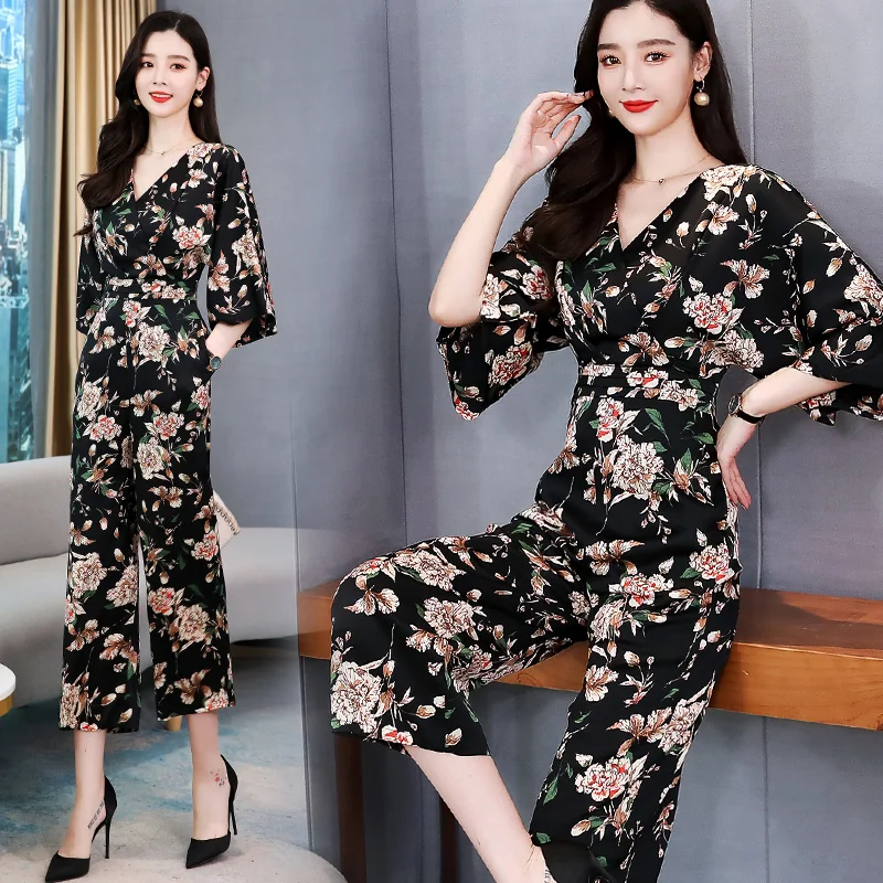 Женские комбинезоны длинные брюки с широкими штанинами и цветочным принтом лето