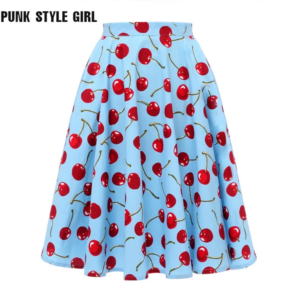 

2021 Korean Retro Pleated Skirt High Waist Casual Mini Sweet Cherry Print with Buttons Party Hot Girl Rock Puff Skirts