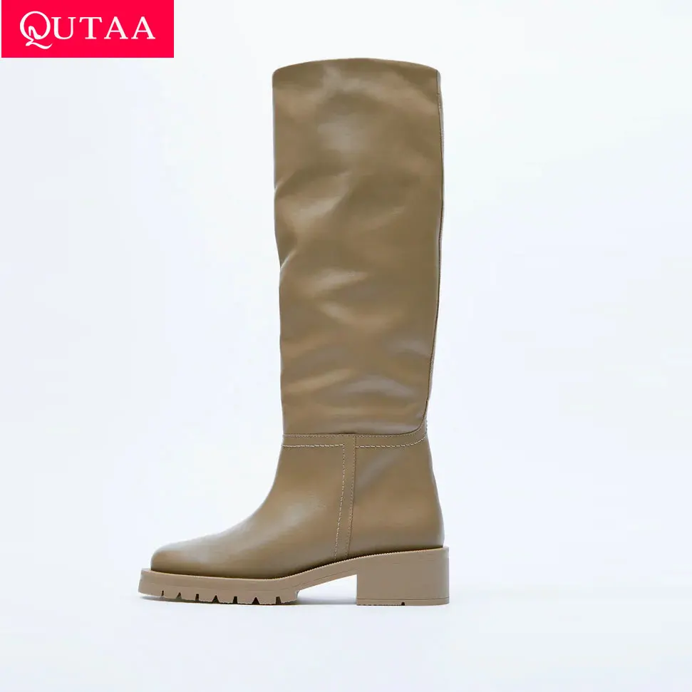 QUTAA ZA/модные женские сапоги до колена теплые сапоги из коровьей кожи на плоской подошве, на толстом высоком каблуке, мотоциклетные женские ботинки женская обувь 34-43 - изображение