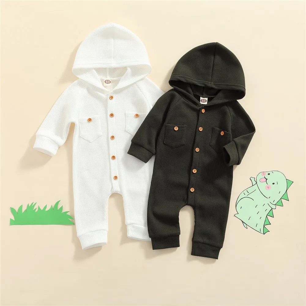 

Однотонный трикотажный комбинезон с длинным рукавом и капюшоном, на осень