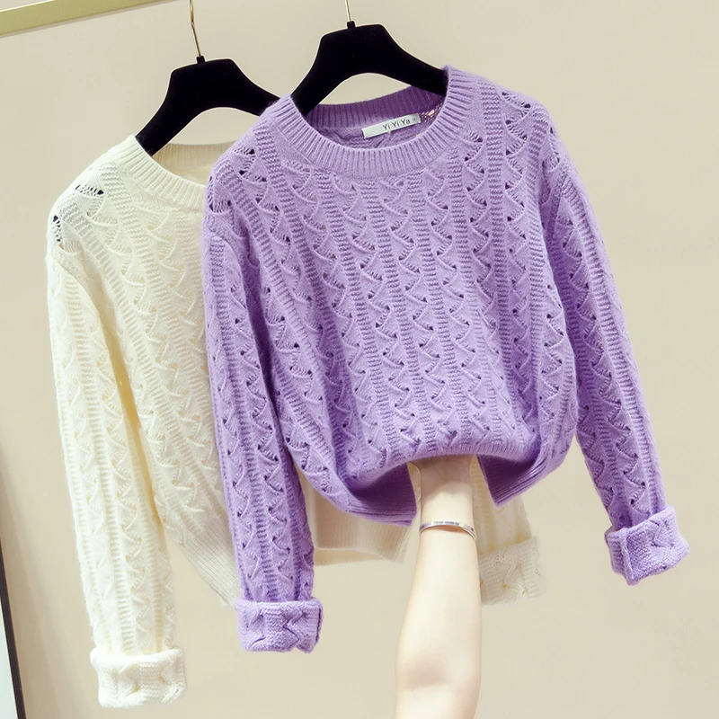 

2020 New Spring Autumn Korean Fashion Pullover Sweater Women Loose Long-Sleeved Wild Short Solid color Knitted Sweaters Female