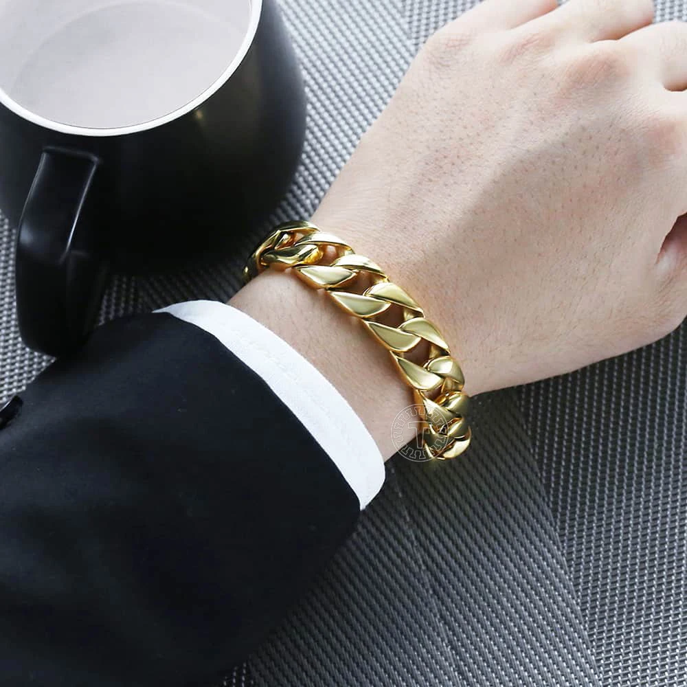 15 мм тяжелый браслет из нержавеющей стали 316L золотой тон круглый панцирный