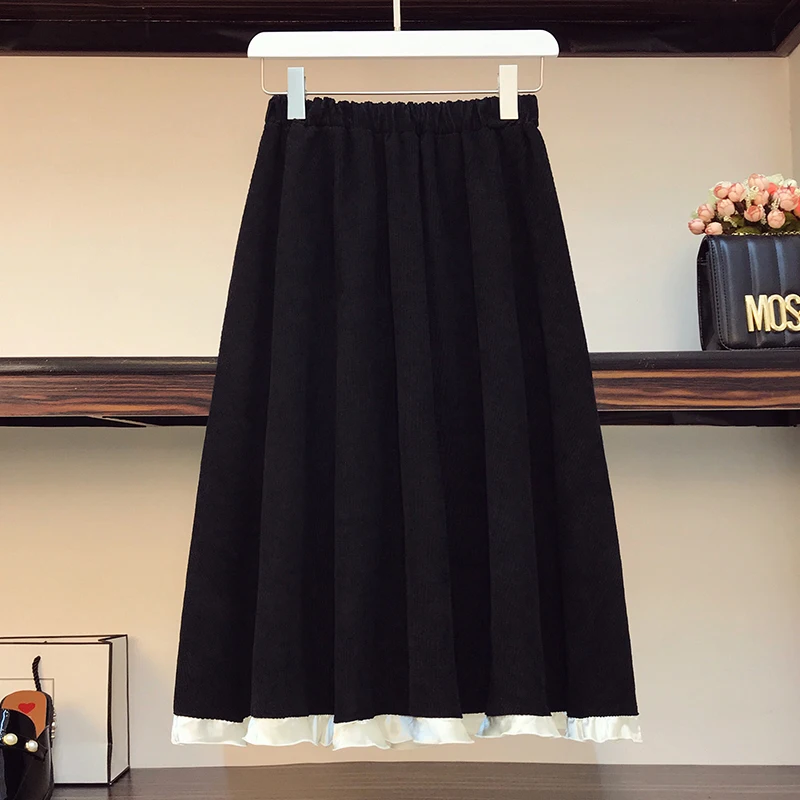 Plus Size 4XL Women Corduroy Black Suit Pearl Buttons Jacket Coat Top And Pleated Skirt Two Piece Set Outfit Winter Clothing |