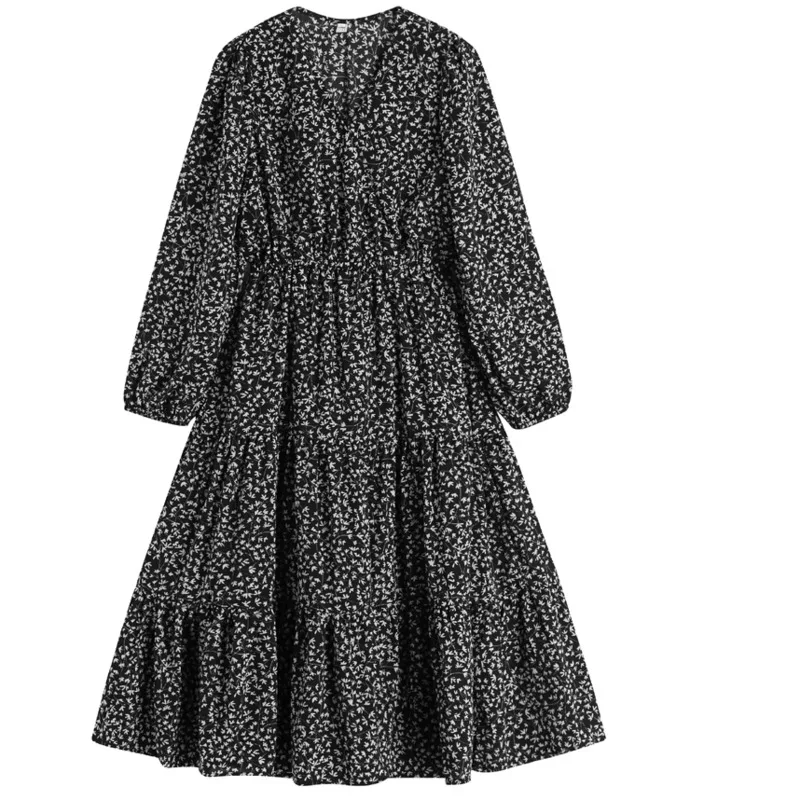 

Black Vintage Lantern Sleeve Ruched Women Dress V-neck Floral Print Pleated Dress Female A-line Chiffon Dress Femme 2021 Spring