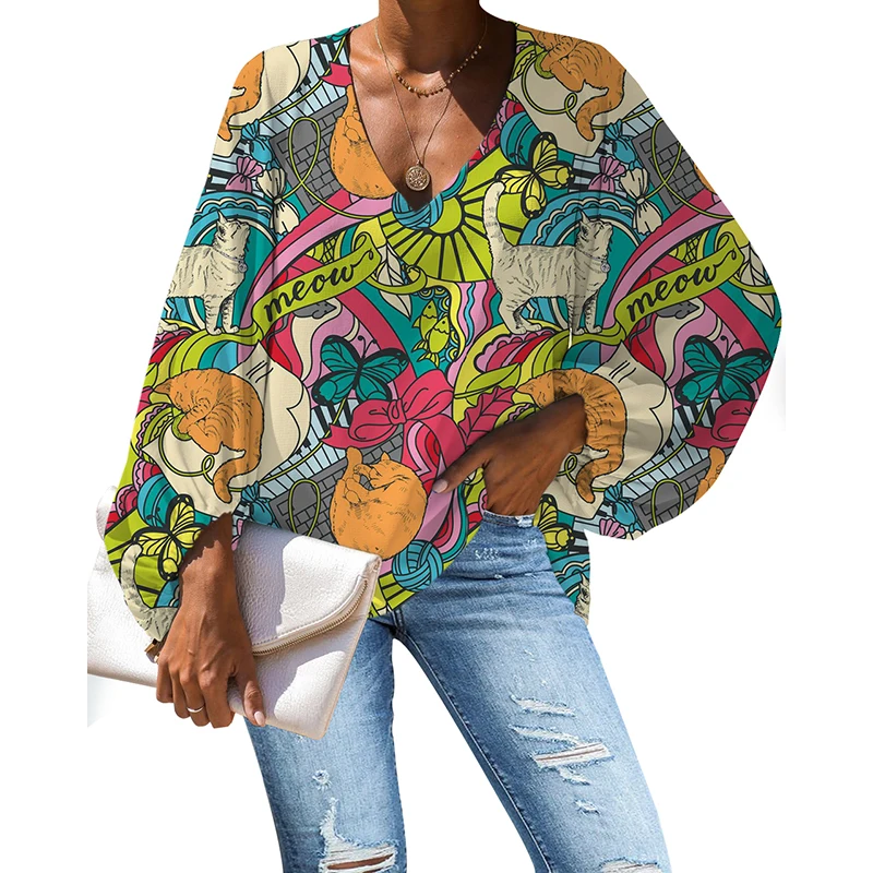 NOISYDESIGNS Women 2020 Summer Blouses Sexy Loose Cats Printing Ladies Tops V-neck Female Shirts Puff Sleeve Blusas Mujer | Женская