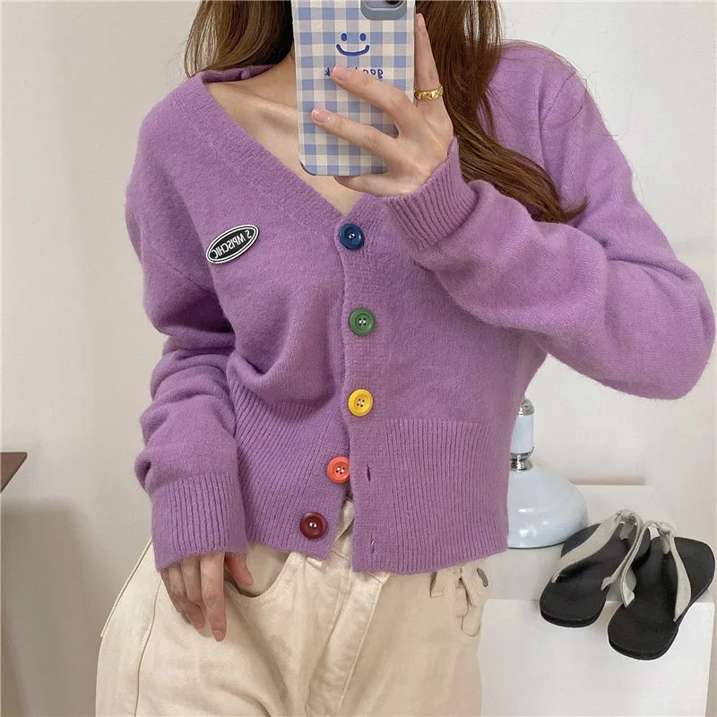 

Korean Spring Outside Wear V-Neck Shirt Autumn Cardigan Colorful Buttons Long-Sleeved Short Sweater Clothes For Women