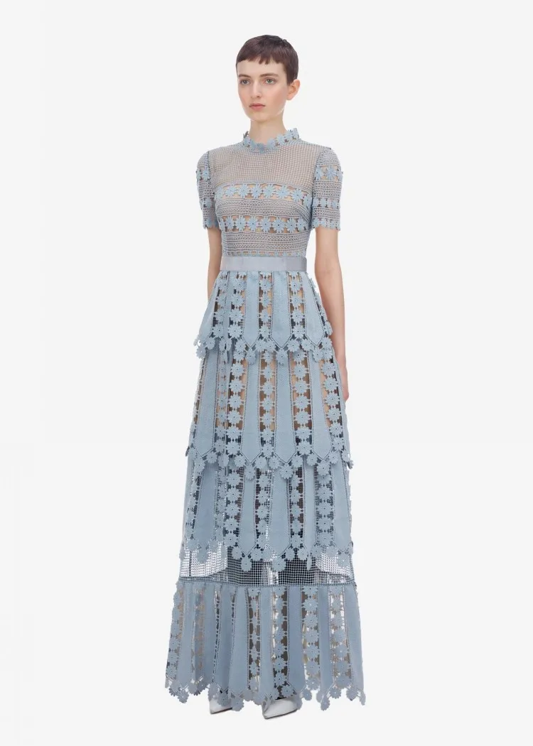 ESHINES дизайнерское длинное платье элегантное голубое вышитое цветочное ажурное