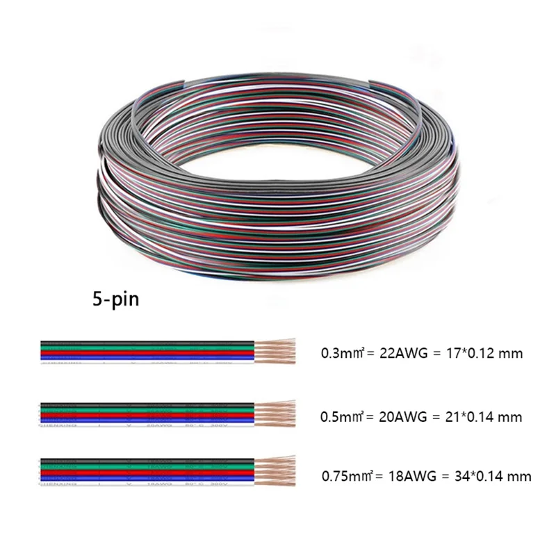 5M 100M RGB Соединительный кабель для светодиодной 22/20/18AWG 2/3/4/5/6Pin электрический