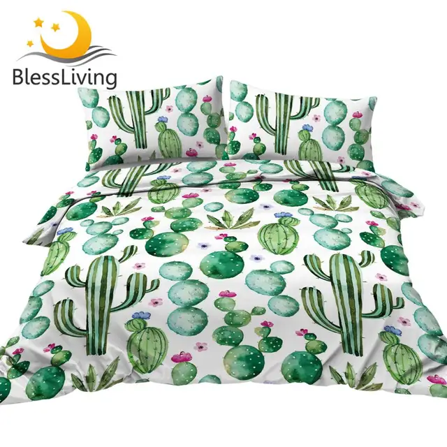 BlessLiving Cactus Bed Set Watercolor Duvet Cover Green Plant Floral Bedding Set for Teen Tropical Bedspreads 3-Piece Queen 1