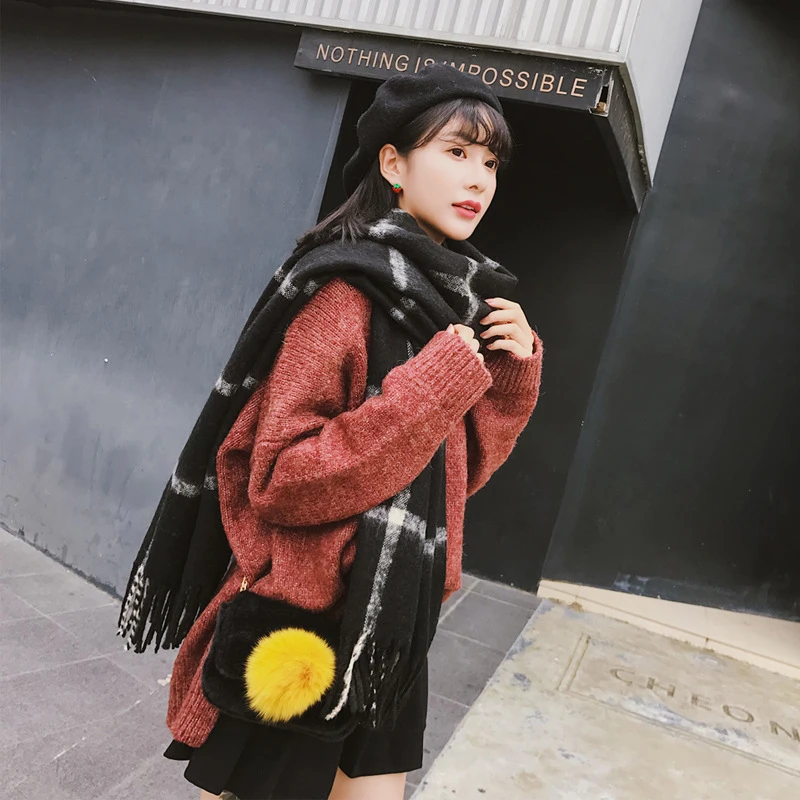 Осень-зима Новое поступление клетчатый шарф с кисточками Женская Толстая теплая