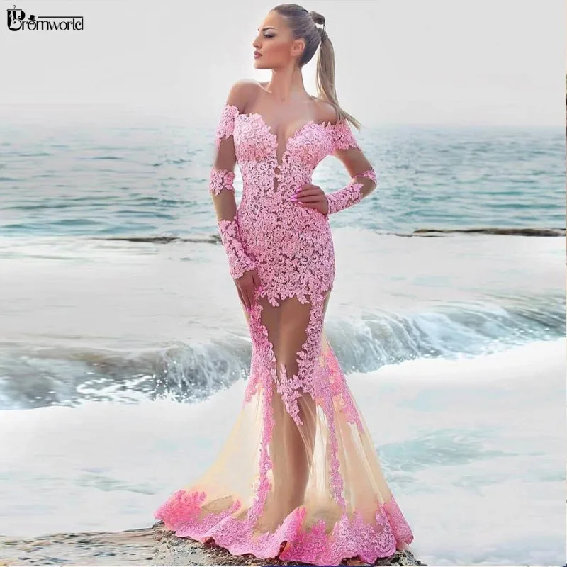 С открытыми плечами розовый Дубай торжественное платье Для женщин аппликации