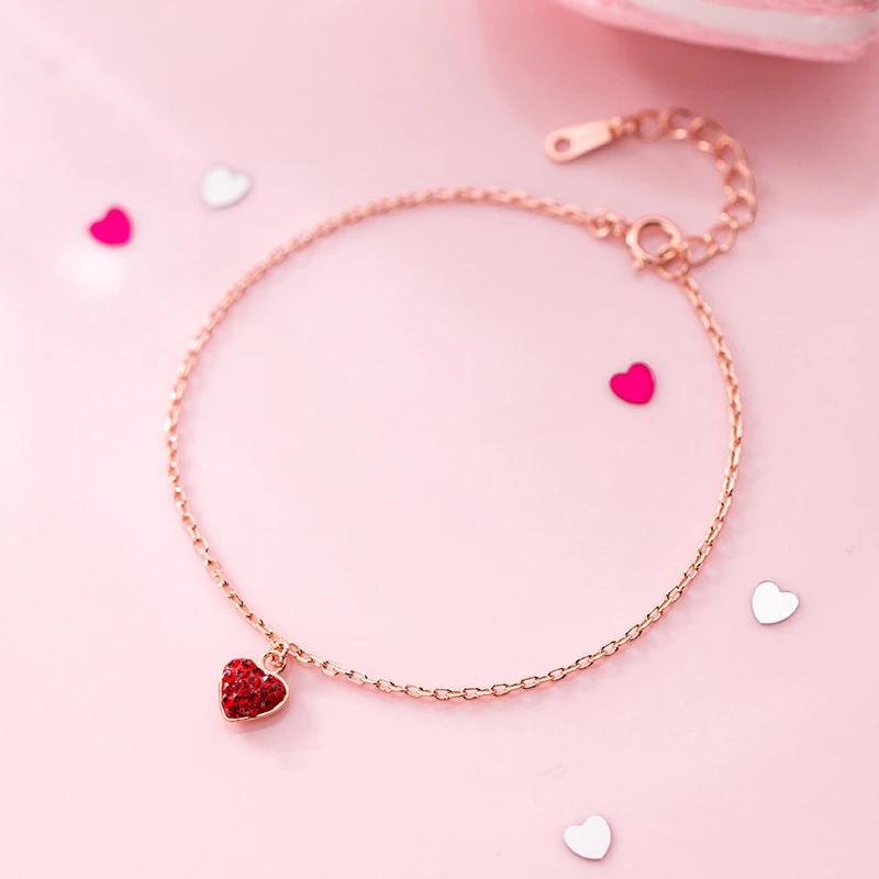 

925 Sterling Silver Red Cubic Zirconia Love Heart Shaped Rose Gold Color Plated Chain Statement CZ Bracelets Jewelry for Women