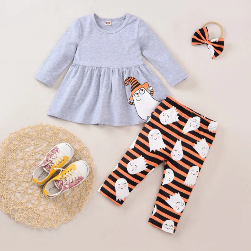 

Детский спортивный костюм на Хэллоуин, пуловер с длинными рукавами и мультяшными призраками + брюки в полоску для девочек от 6 месяцев до 4 ле...