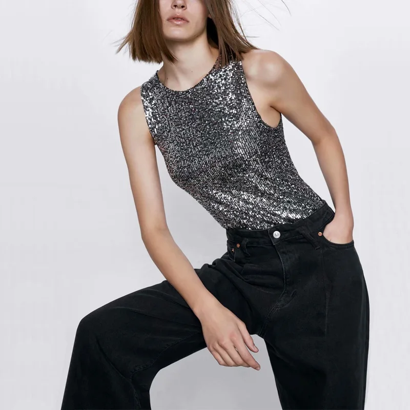 Летний женский комбинезон повседневный однотонный с блестками и круглым вырезом