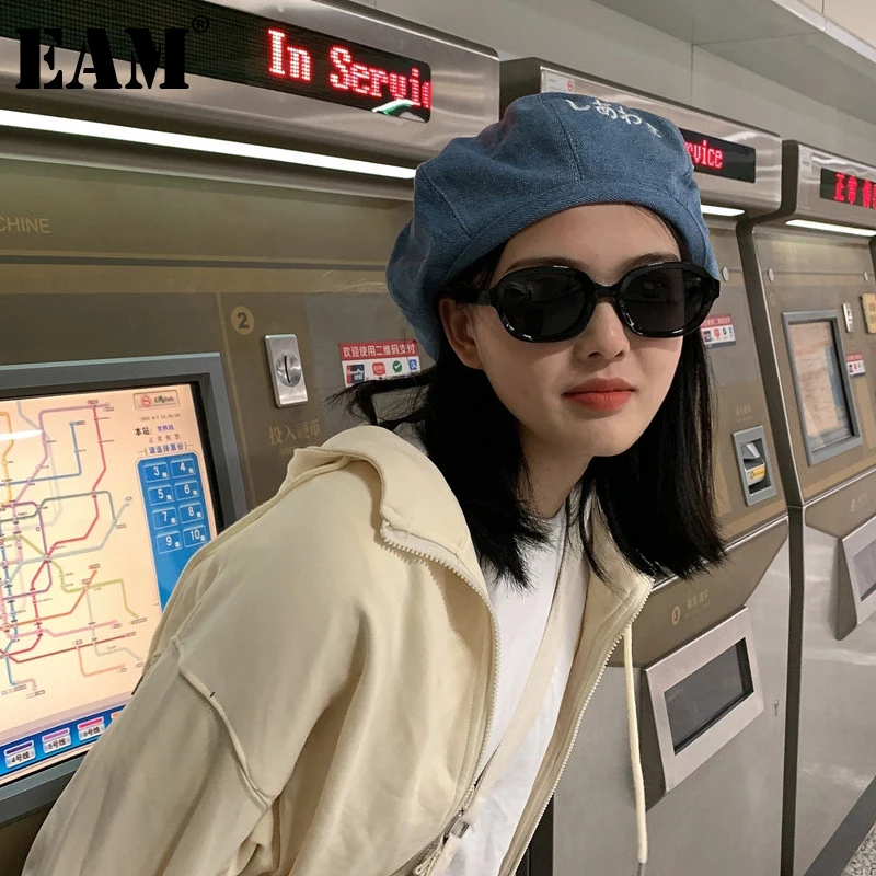 

[EAM] Women Blue Letter Embroidery Denim Berets Hat New Round Dome Temperament Fashion Tide All-match Spring Autumn 2022 1DD8393
