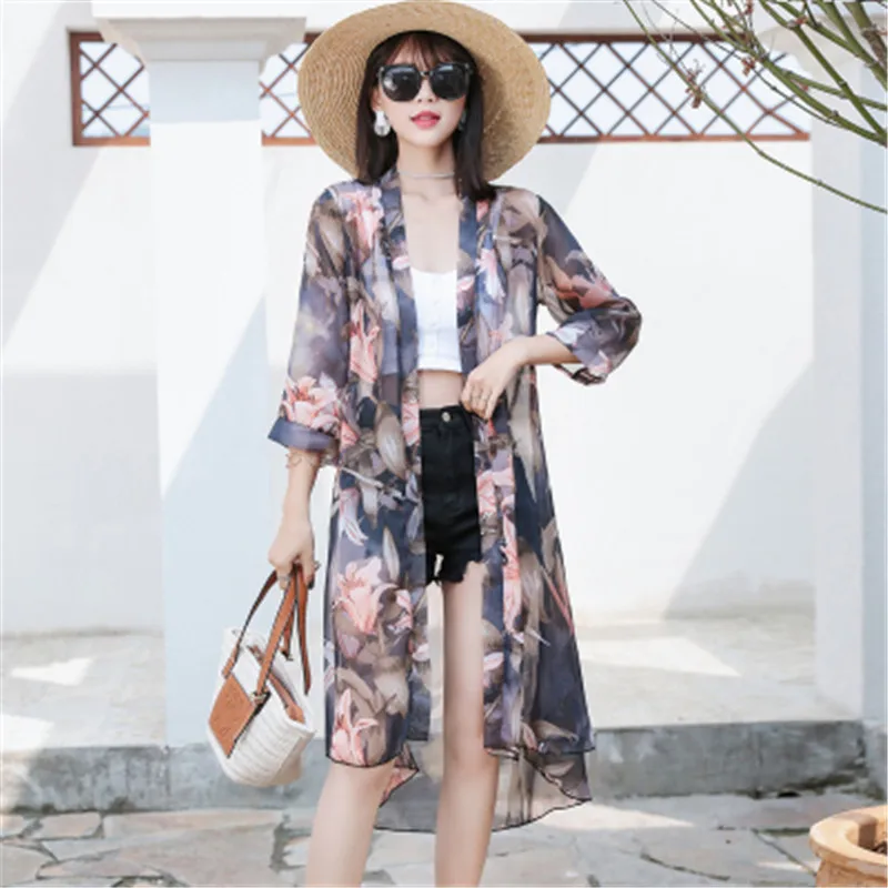 Summer 2022 Casual 3/4 Sleeve Floral Print Cardigan Chiffon Thin Sunscreen Coat Women Mid-length Beach Sun Protection Shirts | Женская