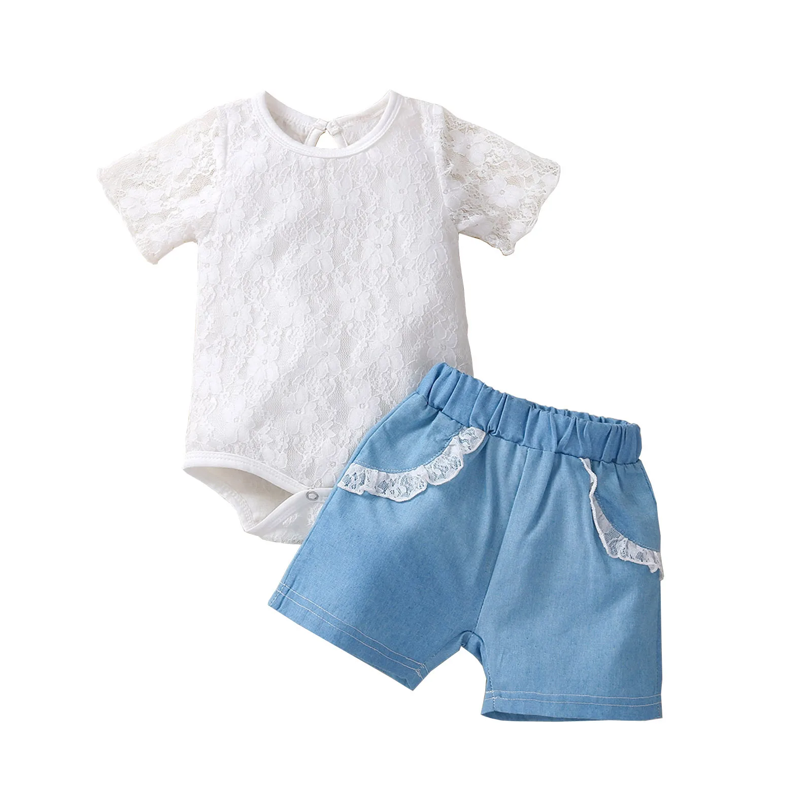 

Summer 0-24M Toddler Baby Girl 2Pcs Set Floral Lace Short Sleeve Bodysuit+Blue Lace Decorate Shorts Infant Outfit
