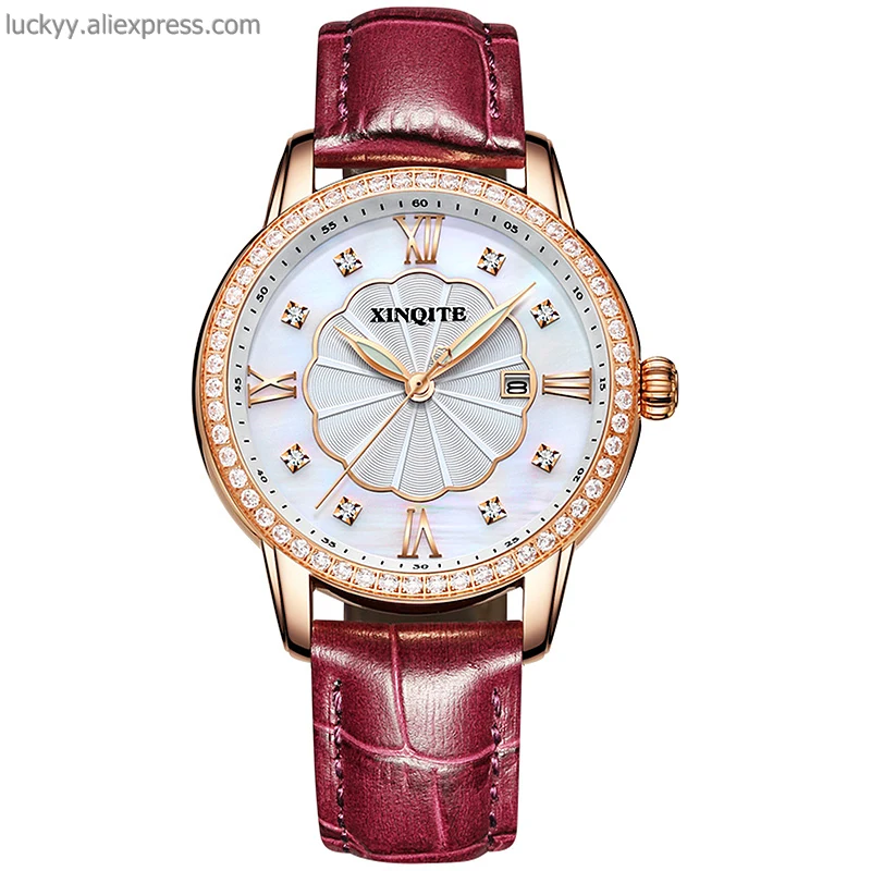 Dress quartz women watch luxury stainless steel rose gold case with diamond girls watches colorful leather strap clock 35MM A234