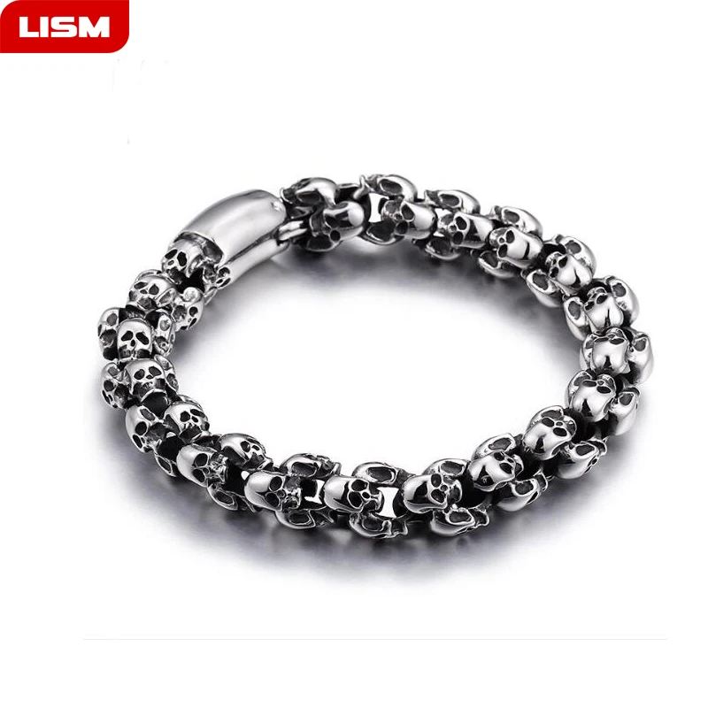 

Punk 22.5cm Long Skull Bracelets For Men Stainless Steel Shiny Skull Charm Link Chain Brecelets Male Gothic Jewelry 2019