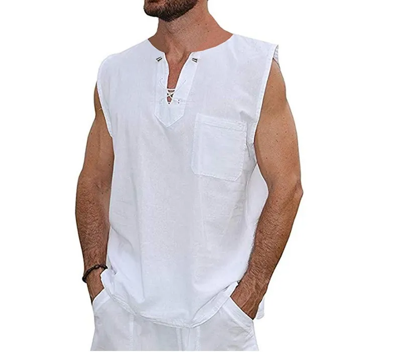 

Мужская футболка на шнуровке с воротником-стойкой, хлопковая и льняная рубашка, свободная повседневная свободная Мужская Повседневная фут...