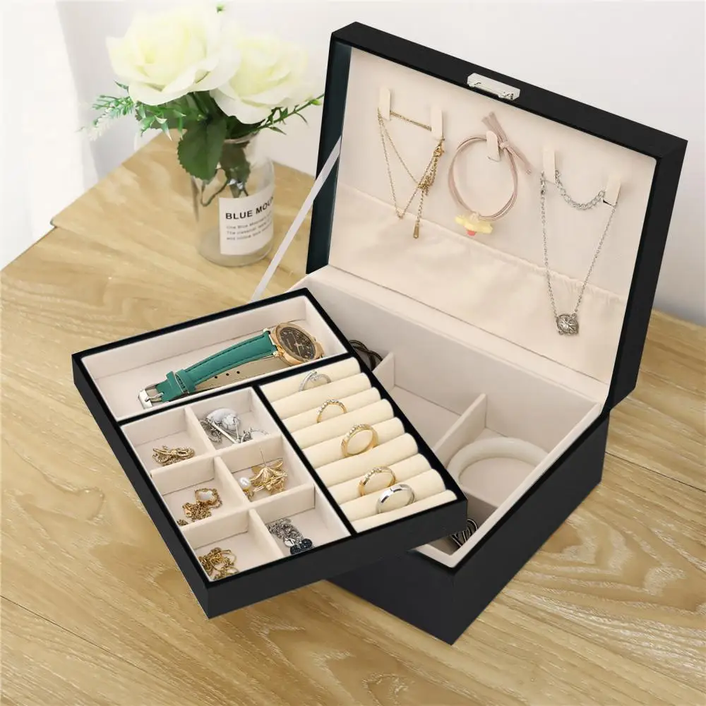 

Women Jewelry Box Organizer 2 Layer Large Lockable Display Holder for Earring Ring Necklace Bracelet Bangle