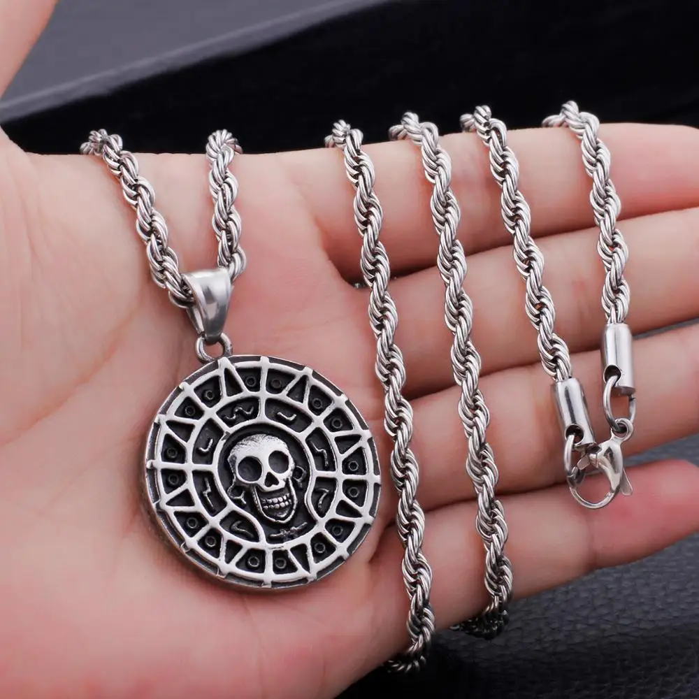 

Fongten Spider Web Skull Round Pendant Necklace Gold/Silver Color Men Charm Dog Tag Long Chain Necklaces Male Jewelry