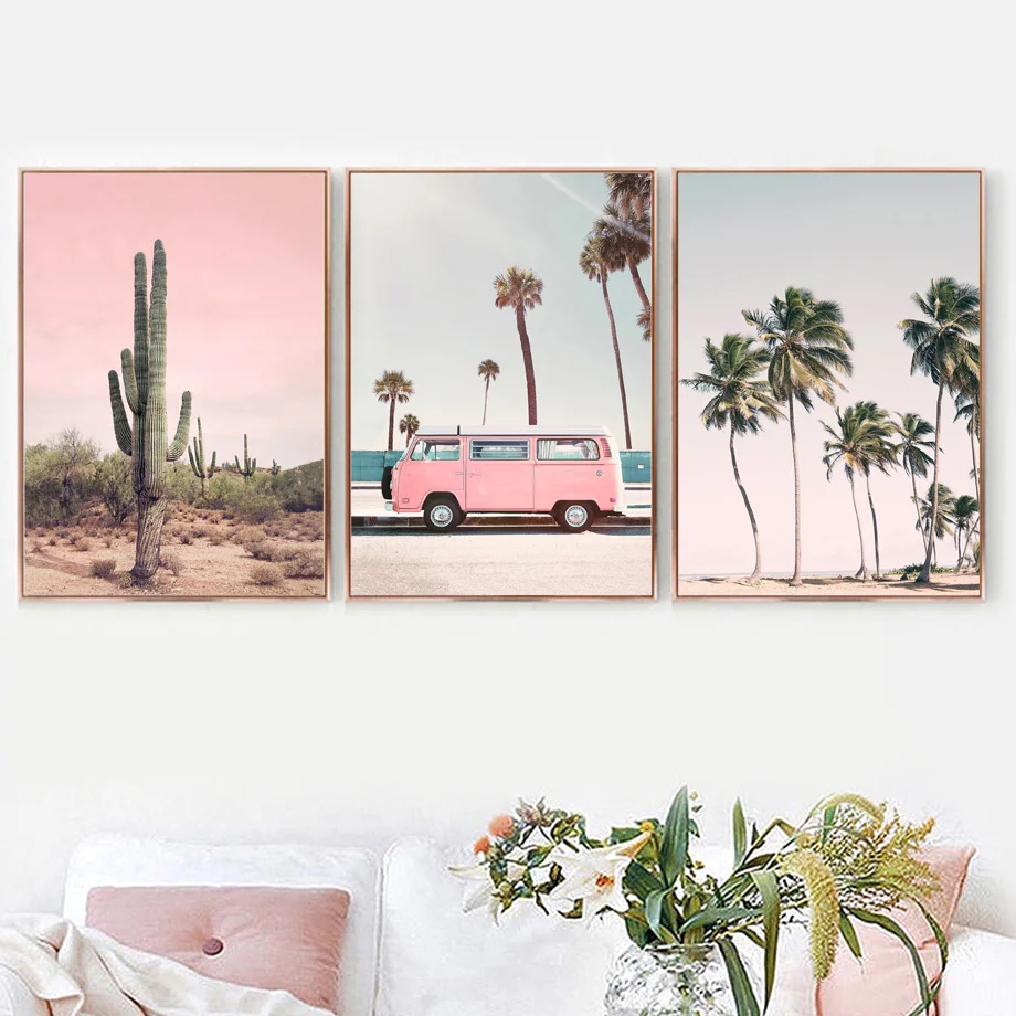 

Pink bus cactus pineapple blue sea beach wall art painting diamond painting nordic rhinestone embroidery living room decoration