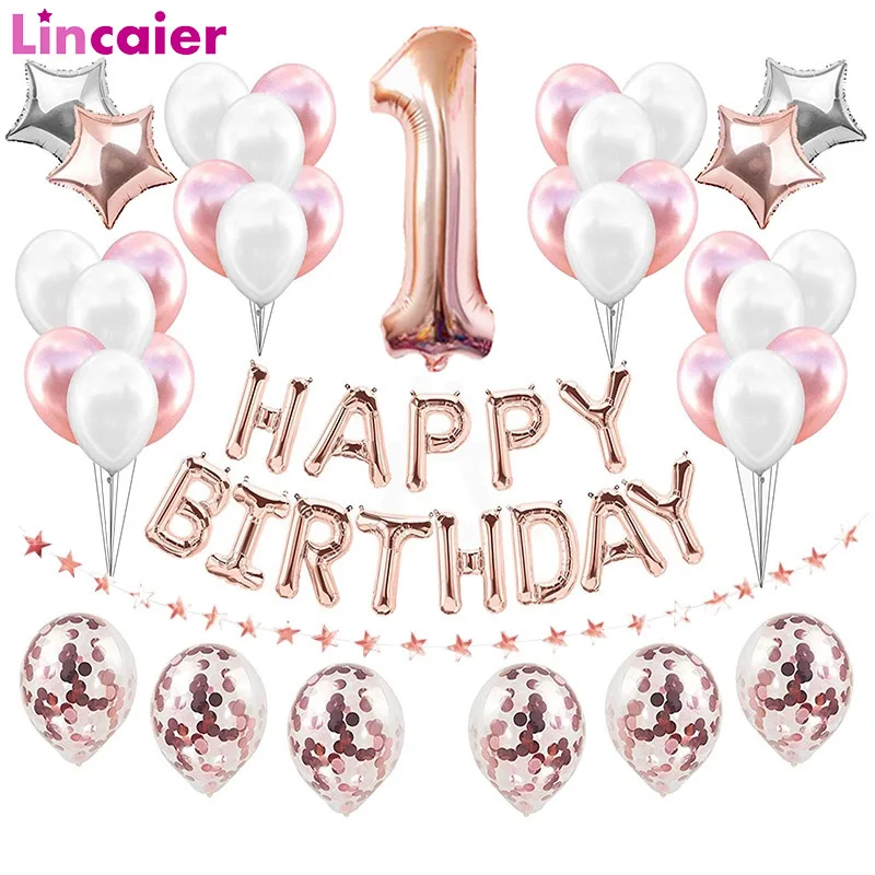 Номер 1 Фольга розовые и золотые воздушные шары 1st Happy День рождения украшения во