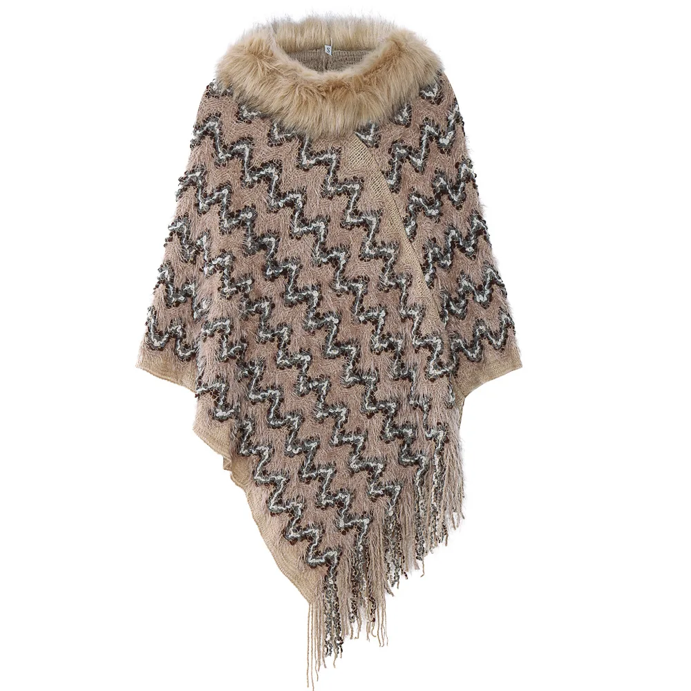 

2019 Popular European and American Women's Mid-Length Fur Collar Tassel Cape Shawl Loose Sweater Sweater