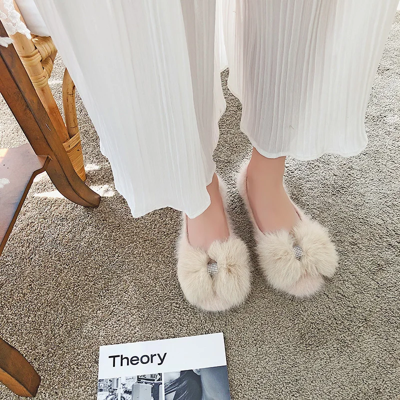 Обувь на плоской подошве с натуральным кроличьим мехом женская обувь высокого