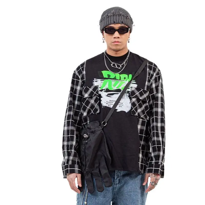 

Vivgae fashion brand men's fake two long sleeve T-shirt backing shirt Plaid Shirt splicing men's and women's men's T-shirt