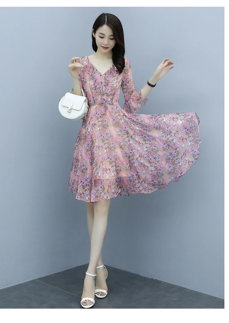 

2021 sweet Korean version New summer Floral Print Women Dress Female Pleated Dress Summer Party Chiffon summer dress