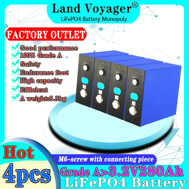 

Land Voyager brand new 4pcs 3.2v280ah lifepo4 rechargeable battery lithium iron phosphate solar battery 12v 24v non-200ah EU AAA