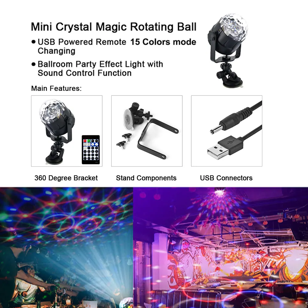 

15 Colors Rotating Disco Lights, LED Disco Ball, USB Disco Light, Remote Controlled, Decorated Lamp for Party, Bar, Wedding