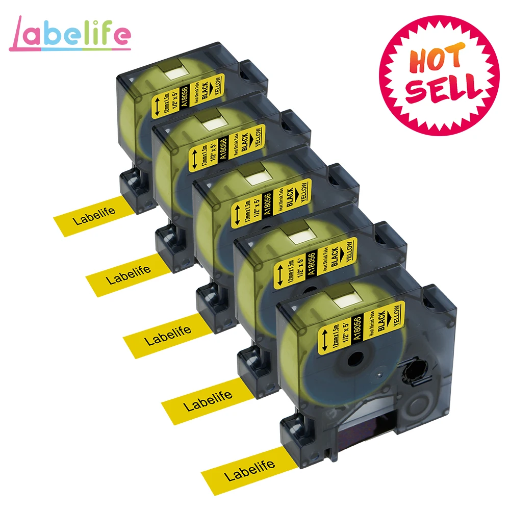 Labelife 5 упаковка 18056 для DYMO Rhino черный на желтом 12 мм X 1,5 м промышленные IND термоусадочные трубки LabelWriter для принтера этикеток