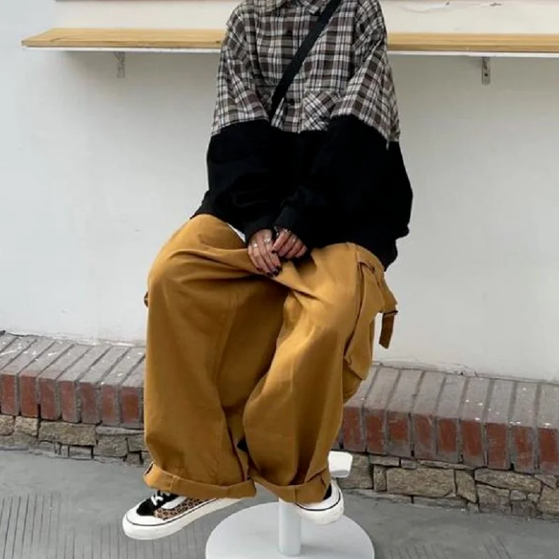 HOUZHOU Harajuku уличные брюки карго зеленые женские хиппи оверсайз коричневые широкие