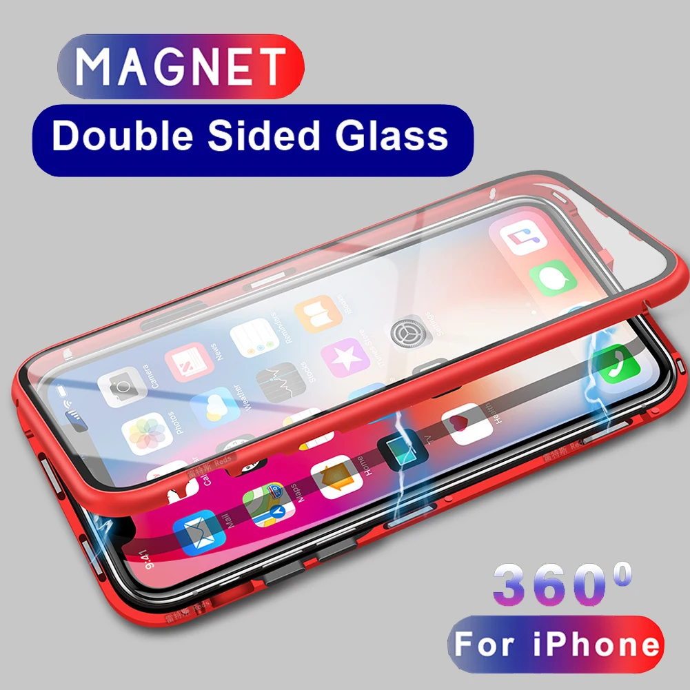 Двойной Магнитный чехол книжка из закаленного стекла 360 для iPhone 11 Pro Max магнитный