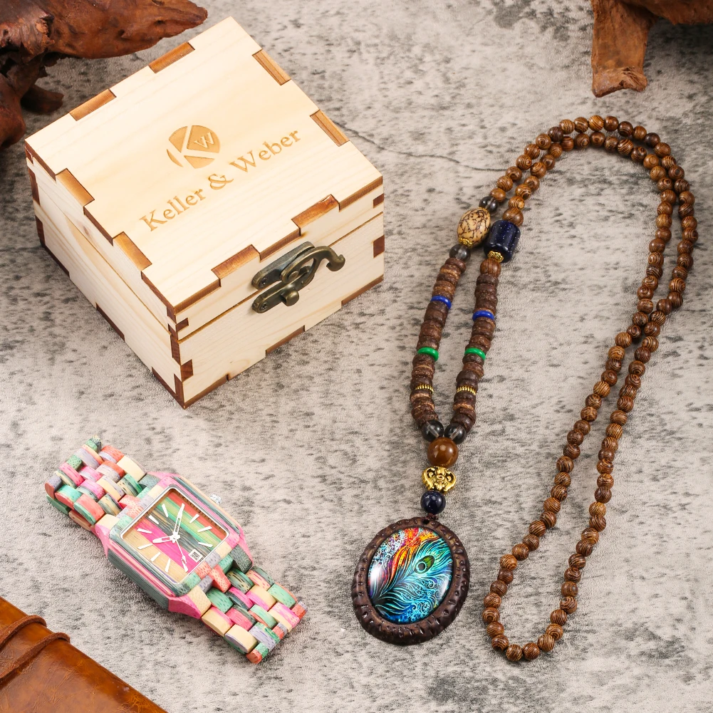 

Men's Wooden Quartz Watch with Peacock Feather Wood Pendant Necklace Sandalwood Five Beads Strap Watch