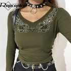 УКОРОЧЕННЫЙ ТОП Rapcopter стразы, гранж, Fairycore, вязаная футболка с длинным рукавом, V-образным вырезом, базовая футболка, Женская Осенняя Повседневная Kawaii, шикарная футболка