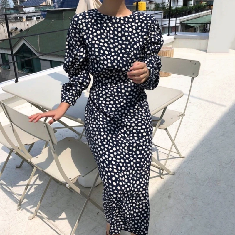 

Leiouna Casual O-Neck Slim Casual A-Line French Style Fashion Spring Autumn Women Polka Dot Print Party Dresses Eleagnt Dress
