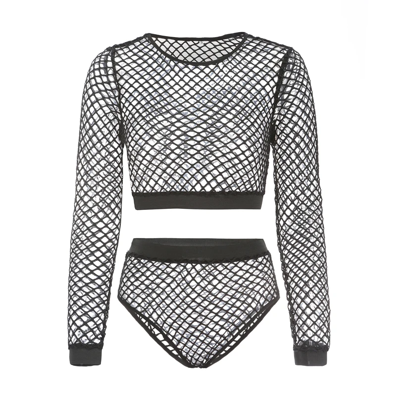 

2021 New Sexy Women See Through Hollow Out Perspective Sheer Mesh Fishnet Tee Bodycon Long Sleeve Tops Beach T Shirt